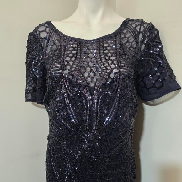Sz 16W R&M Richards 1875 Sequined Illusion Short-Sleeve Modest A-Line Gown Navy - Picture 4 of 11